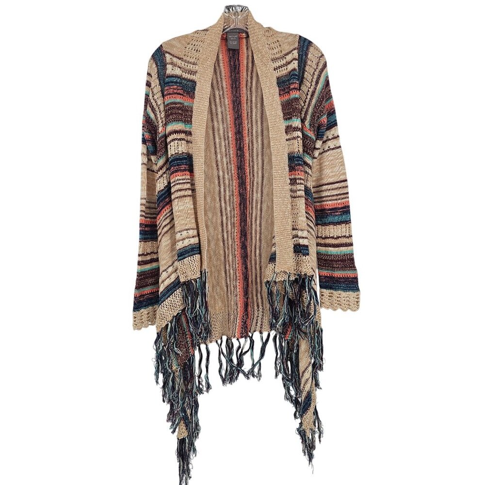 Southwestern Fringe Cardigan‎ S Multicolor Crochet Trim Festival Boho Oversized
